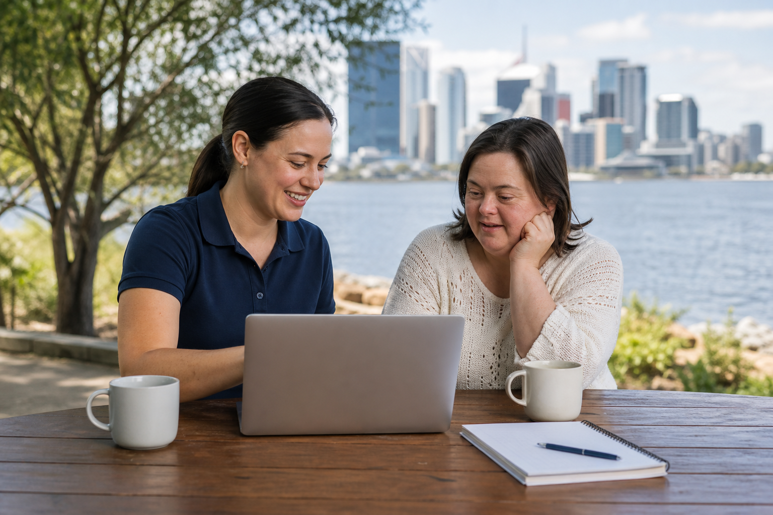 A support coordinator explaining an NDIS plan during a one-to-one meeting by the Perth waterfront